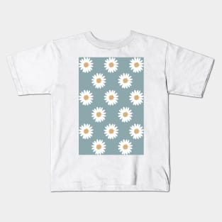 retro slate blue gray camel daisy pattern Kids T-Shirt